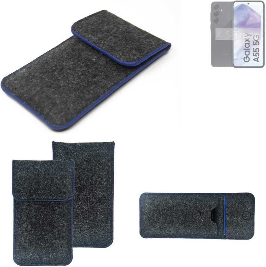 K-S-Trade Handy-Hülle Schutz-Hülle kompatibel mit Samsung Galaxy A55 5G Filztasche Pouch Tasche Case Sleeve Filzhülle dunkelgrau, blauer Rand