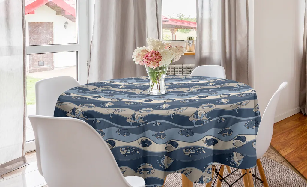 Tovaglia da Esterno Rotonda 150cm ABAKUHAUS Blu Marina Pesci