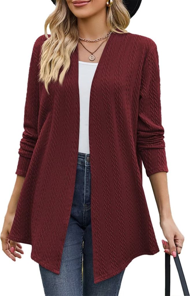 ASKSA Damen Strickjacke Kable Drapieren Lange aermel Offene Vorne Elegante Cardigan Strickpullover, Weinrot, 2XL