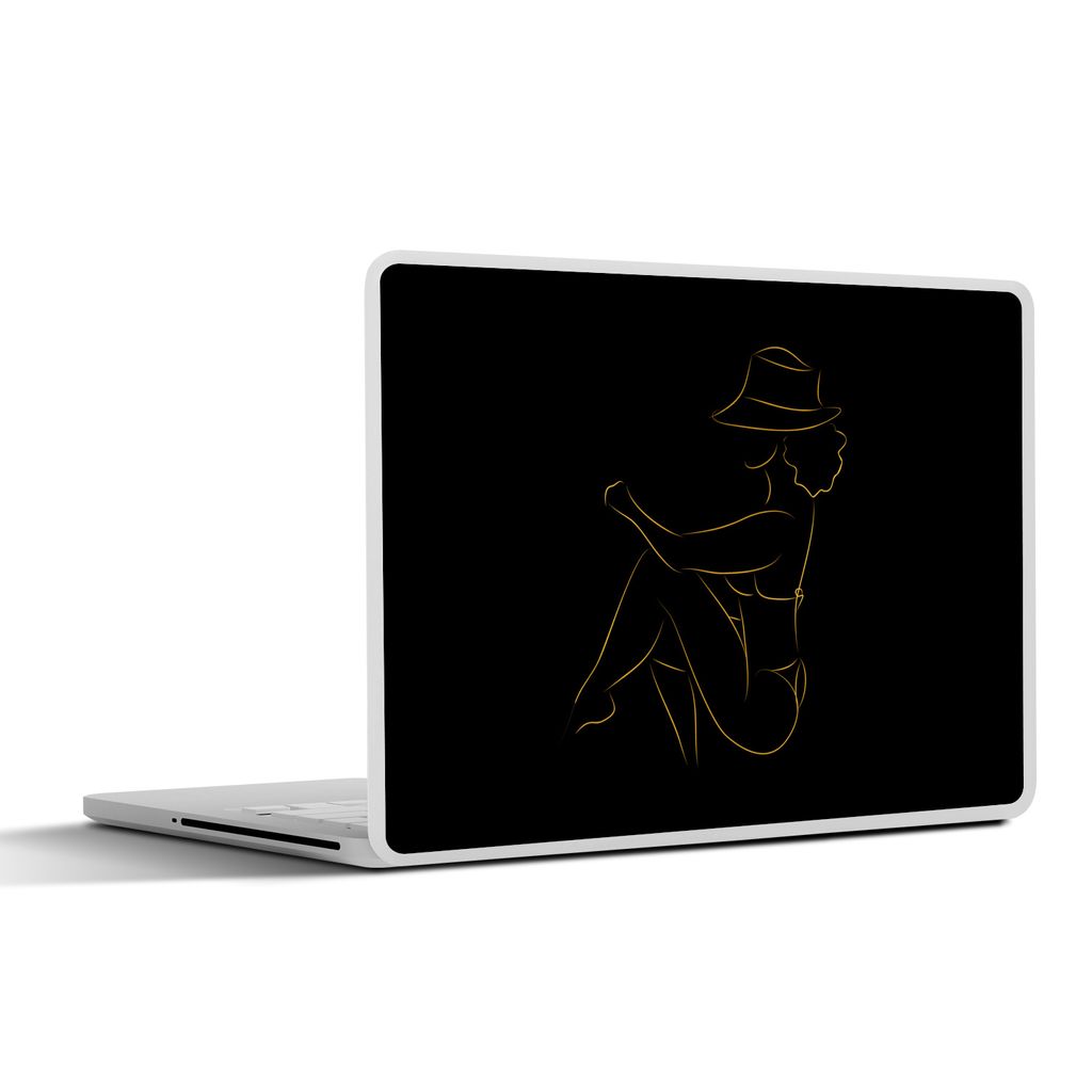 MuchoWow Laptop Aufkleber Sticker Cover Frau - Hut - Gold - Strichzeichnung 25x18 cm - Laptop-Deko