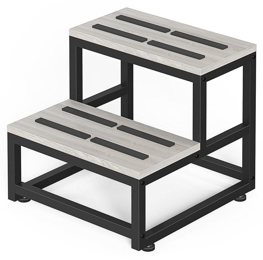 2-Stufen-Tritt Hocker, Stahl/Holz, bis 200 kg, 38x38x35,6 cm, grau