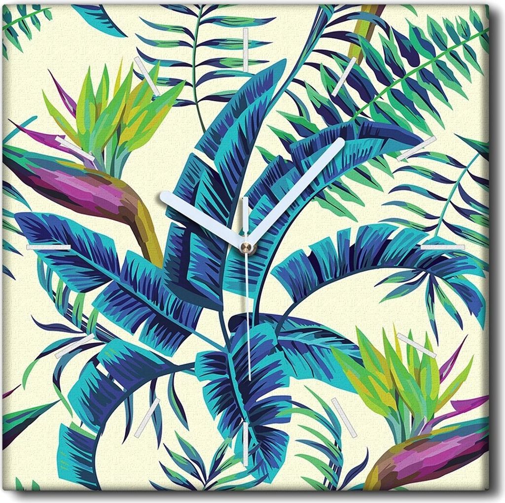 Coloray Uhr auf Leinwand 30x30 cm Wand Uhr Dekoration Wohnzimmer Segeltuch weiße Zeiger -Exotische Tropen