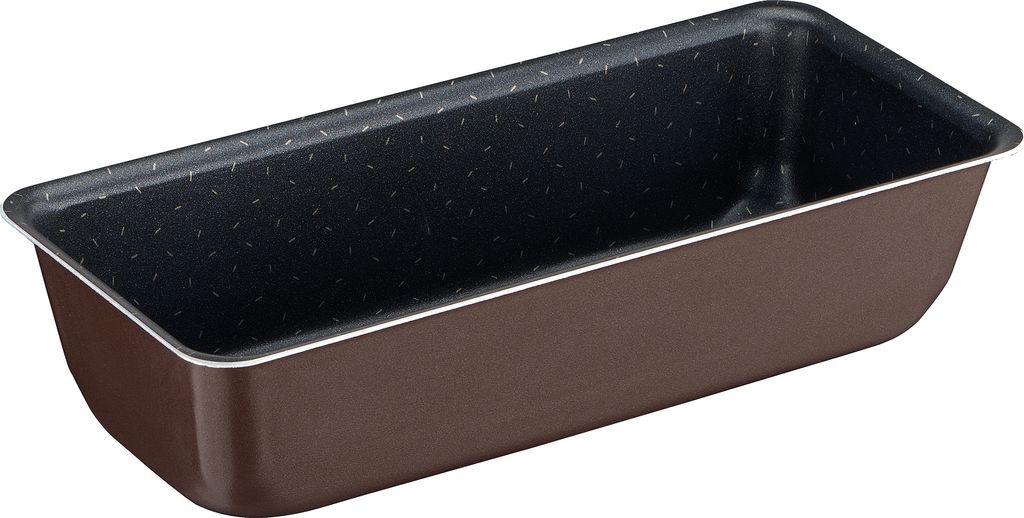 A brown loaf pan with a textured black interior, shown from a slightly elevated side angle on a white background.