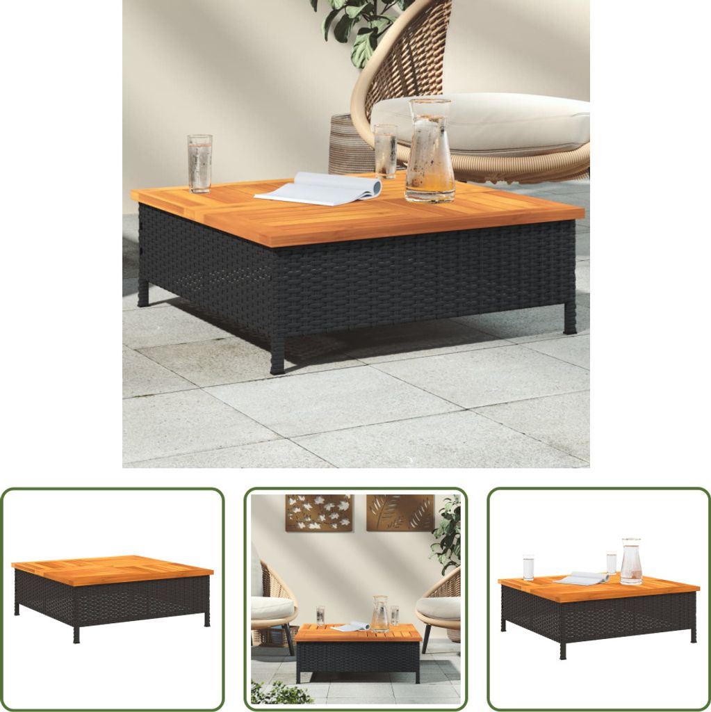 The Living Store Gartentisch Schwarz 70x70x25 cm Rattan und Akazienholz