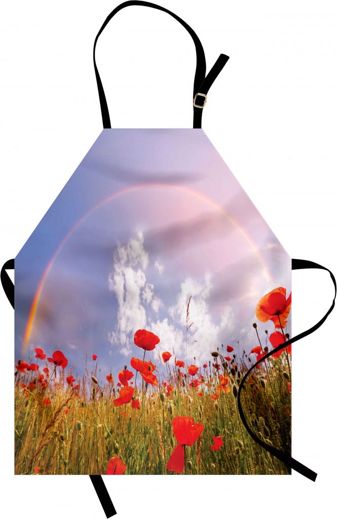 ABAKUHAUS Mohn Kochschürze, Wiese mit Mohnblumen und Rainbow Reflection in Luft Magical Sky Happiness Konzept, Farbfest Höhenverstellbar Waschbar...