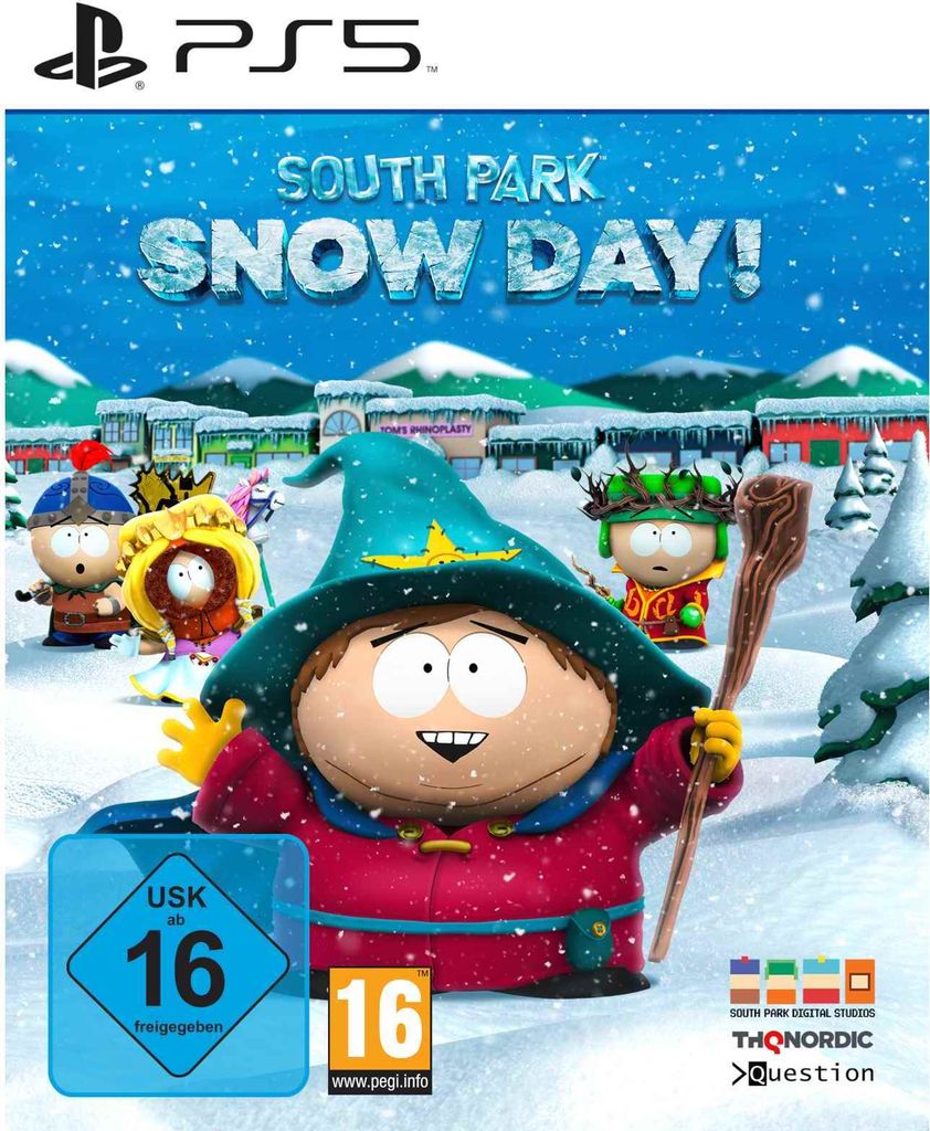 The image is a video game box art for 'South Park: Snow Day!' on PS5, featuring characters from the show in a snowy environment.