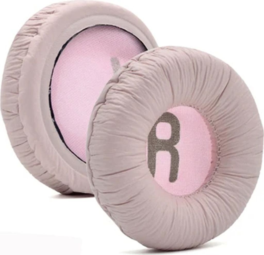 Two pink and gray headphone ear pads are shown on a white background.