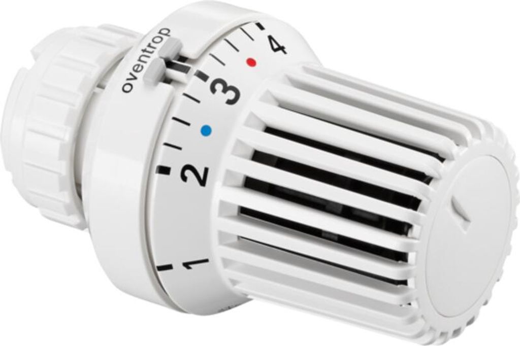 A white thermostat valve with temperature markings.