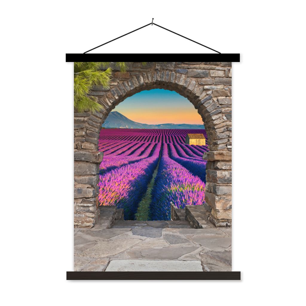 MuchoWow Textilposter Lavendel - Abend - Ausblick - Blumen 60x80 cm mit schwarzem Rahmen - Plakathalter