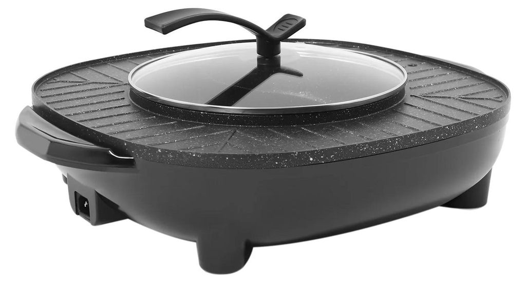 2‐in‐1 Elektrischer Hotpot & Grill - Raclette - Leistung 2000 W - Antihaft - Topf 3 L, 26 cm - Grillplatte 42 cm - Glasdeckel - Für 5–6 Pers...