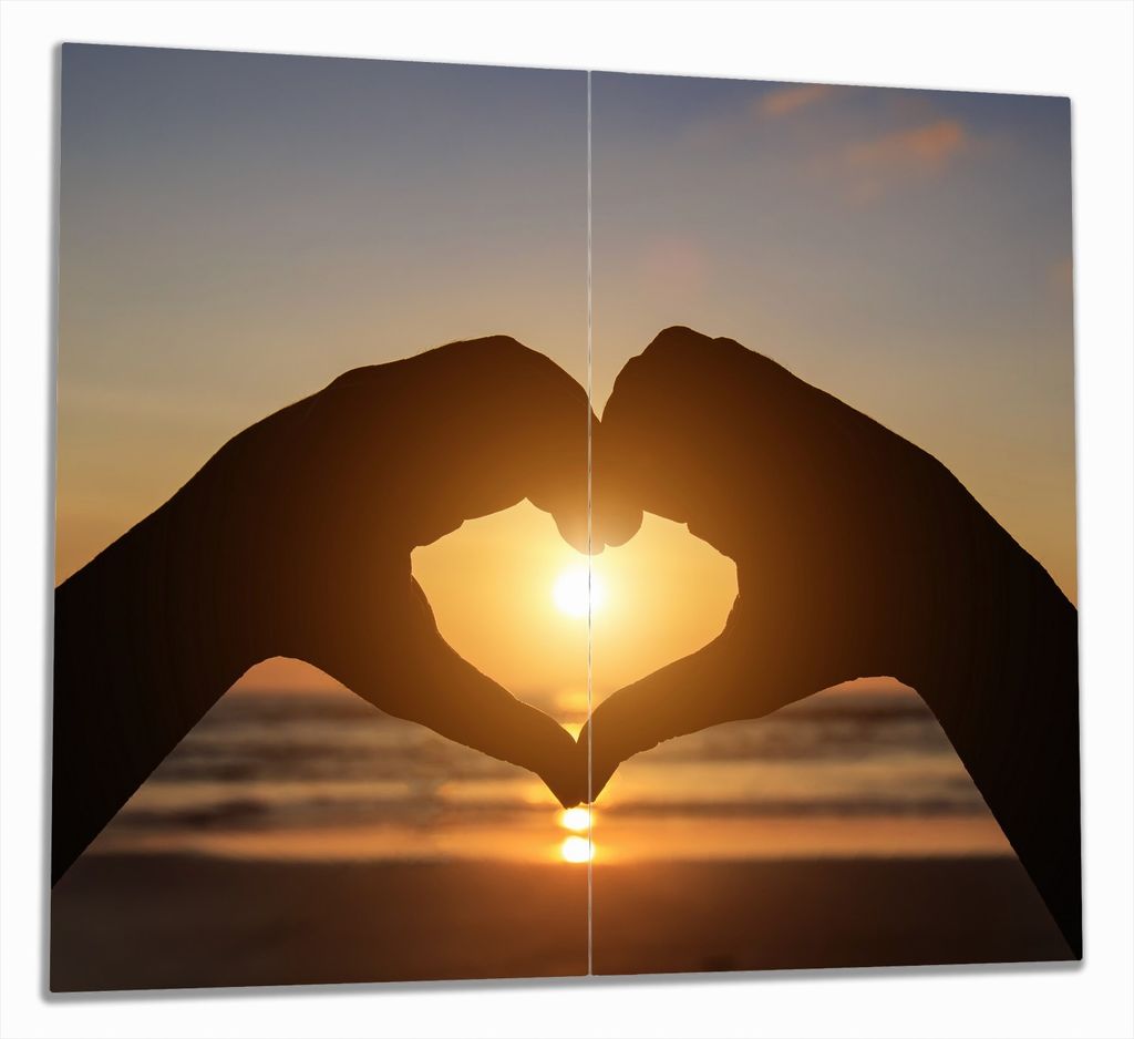 Wallario Herdabdeckplatte aus Glas, Größe 60 x 52 cm 2-teilig, Motiv Liebe im Herzen der Sonne - Strand und Meer