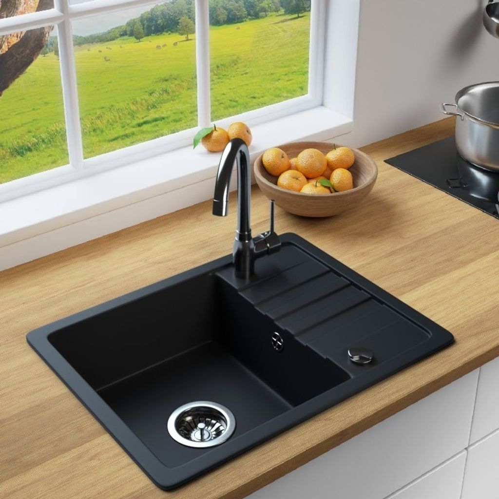 MIT ARMATUR - Rein Schwarz LINDBERGH Antibakterielle Granit Spüle "SEZ44" + "1-Helia" Einbauspüle Küchenspüle Spülbecken