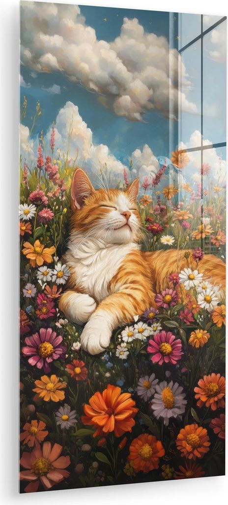MuchoWow Glasbilder - Bilder auf Wandbild - Foto auf Glas Katze - Blumen - Entspannen 40x80 cm Wanddekoration aus Glas - Acrylglasbild - Acrylbilde...