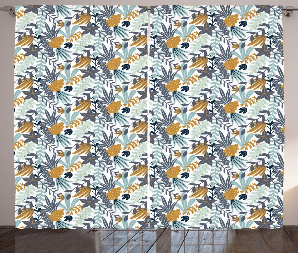 Rideau Feuilles Exotiques 280x225 cm Blanc Multicolore à Finition Rustique
