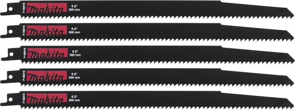 A set of five black reciprocating saw blades with red and white branding.