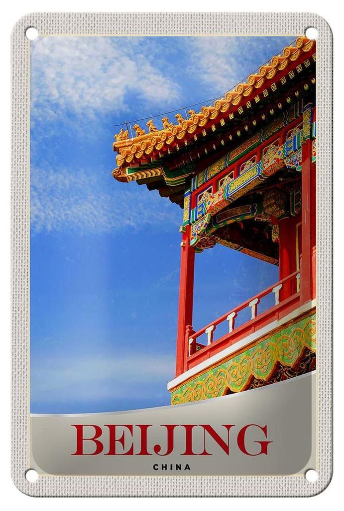 Blechschild Reise 12x18cm Beijing China Haus bunt traditionell Schild