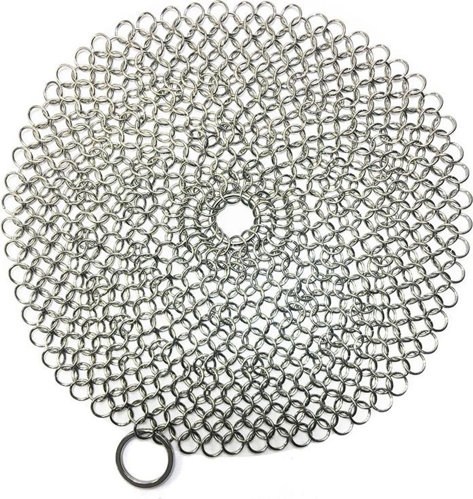 Runder Gusseisenreiniger mit langlebigem Pfannen-Grillschaber aus Kunststoff, Edelstahl-Kettennetz-Schrubber, Topfpfannen, Grillpfannen, Wok-Reinig...