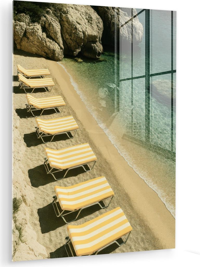 MuchoWow Glasbilder - Bilder auf Wandbild - Foto auf Glas Strandbetten - Meer - Steine - Bucht 60x80 cm Wanddekoration aus Glas - Acrylglasbild - A...