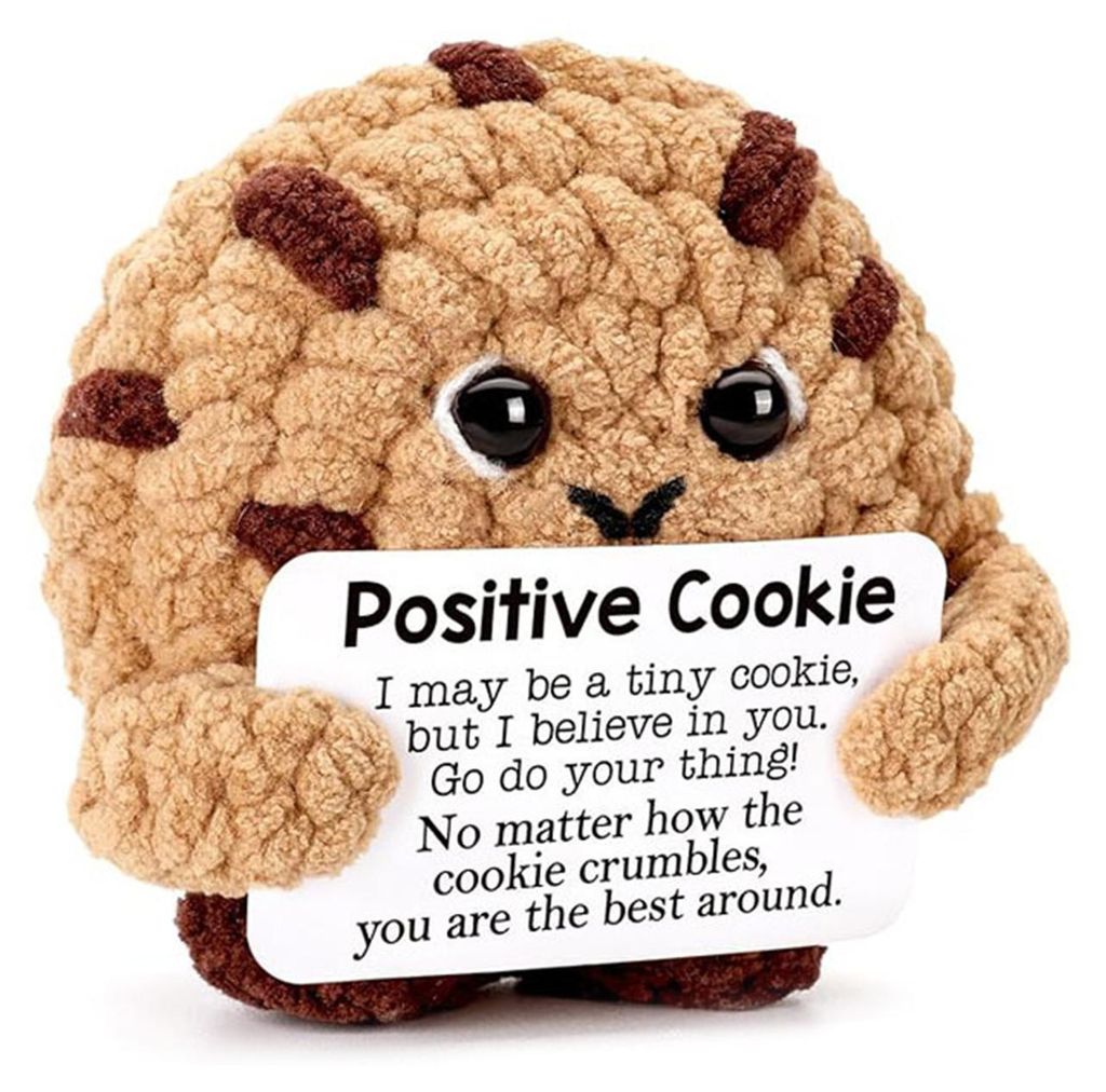 Mini-Häkelpuppe „Positives Cookie“ – Handgefertigte, gestrickte Plüschfigur zur emotionalen Unterstützung – Schreibtischdekoration