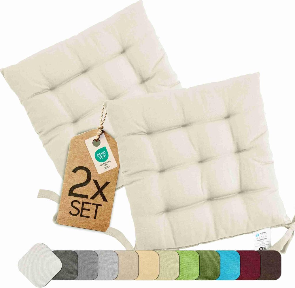 Sitzkissen Stuhlkissen Indoor & Outdoor 2er Set 40x40 cm - Creme - etérea Stuhl Kissen Auflage mit Bändern