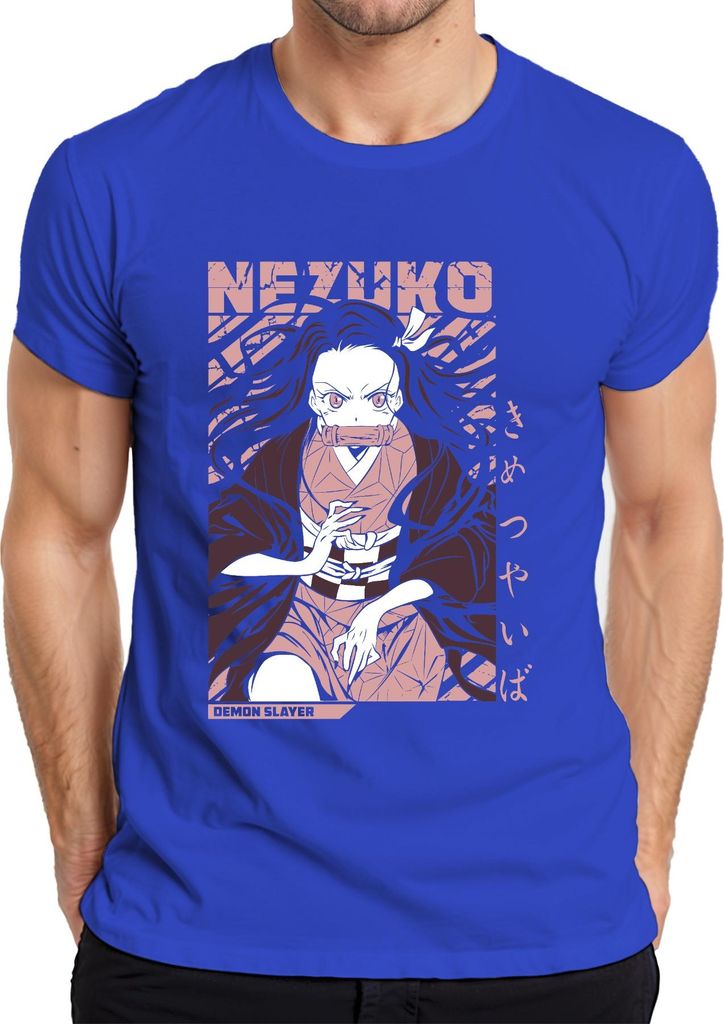 Nezuko Demon Slayer Kimetsu no Yaiba Anime Geschenk Cosplay Fan Herren T-Shirt, Blau, S