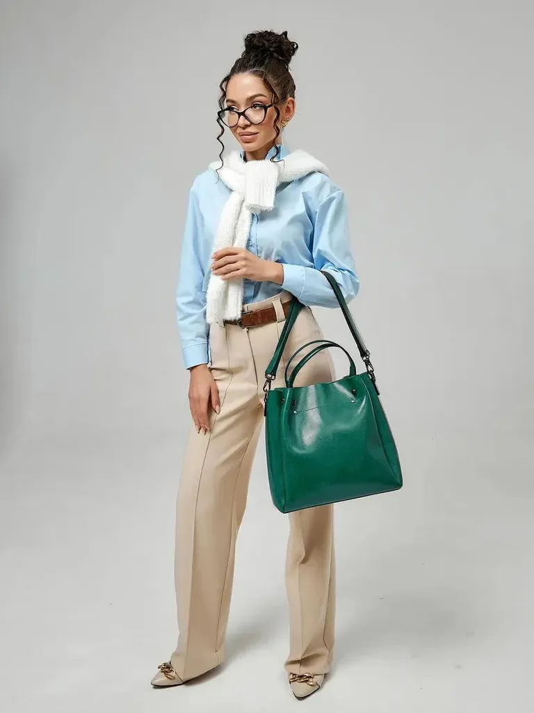 Grand sac cabas Aster en cuir véritable vert - Sac à main chic femme - 5