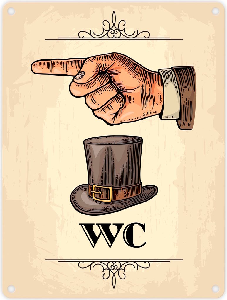 Vintage Herren WC Schild mit Hand nach links in beige Schild Blechschild