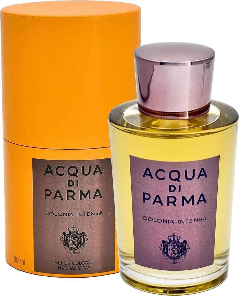 A bottle of Acqua di Parma Colonia Intensa Eau de Cologne and its cylindrical packaging are displayed against a white background.