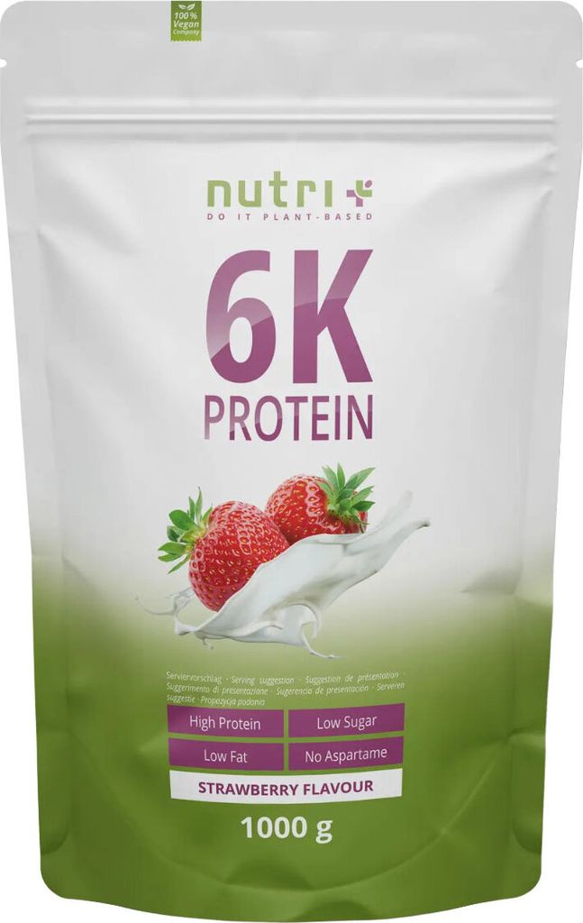 nutri+ 6k Proteinpulver Strawberry | 1000 g | vegan | hoher Eiweißgehalt | mit 6 pflanzlichen Proteinen | hohe biologische Wertigkeit