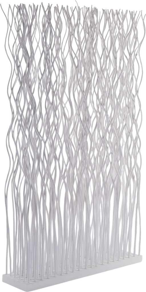 A white room divider made of interwoven willow branches.