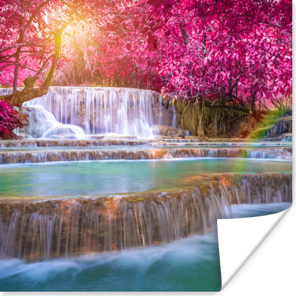 MuchoWow Poster Wasserfall - Regenbogen - Bäume - Rosa - Natur 75x75 cm - Wand Dekoration