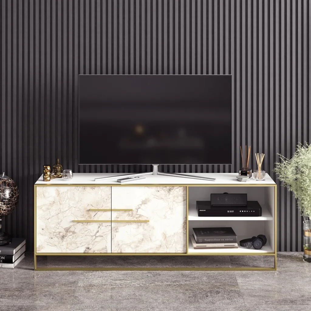 Meuble TV Skye Decor Polka Blanc et Or - Support Télévision 160cm Chic