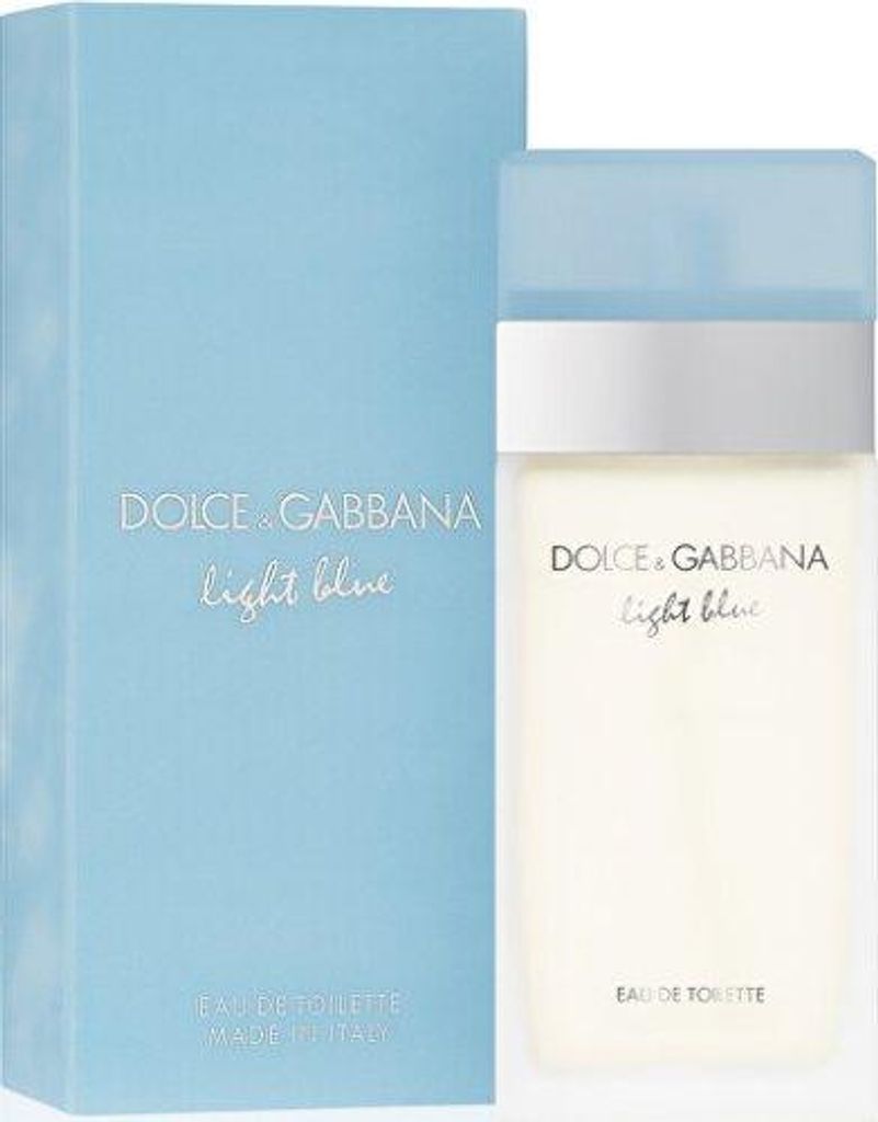 A box and bottle of Dolce & Gabbana Light Blue perfume.