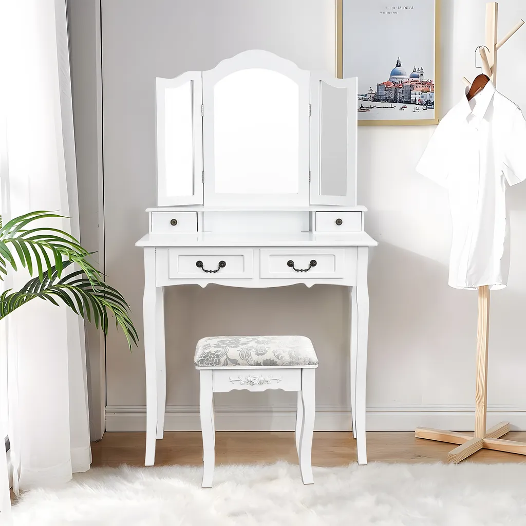 Coiffeuse avec Miroir Double Pli et 4 Tiroirs Blanche - Moderne Vanity
