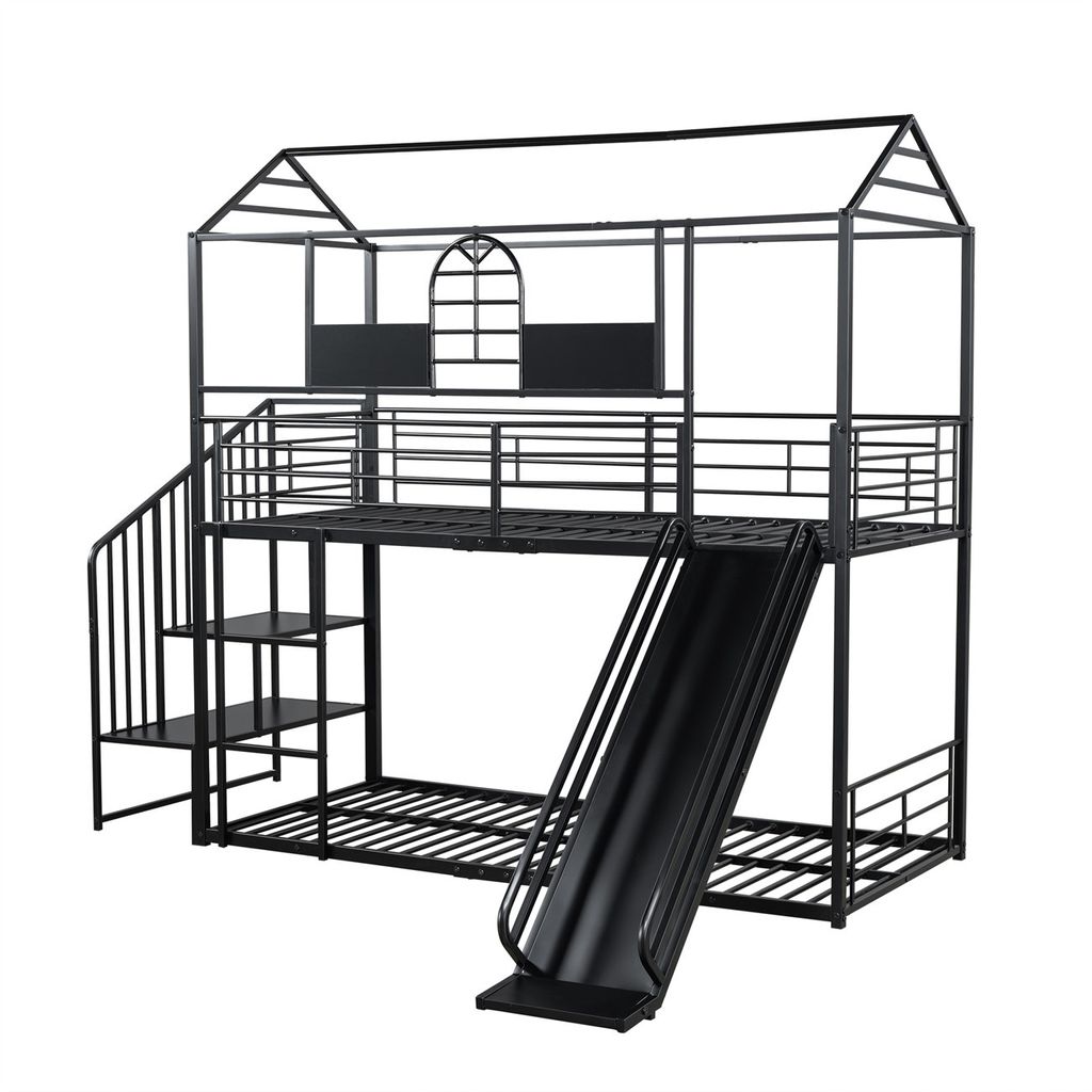 Eisenrahmenbett,Etagenbett(Schwarz)Kinderbett mit Dach und Fenster,Mit Rutsche und Seitenleiter,mit Seitenleiter,mit Fallschutzgitter