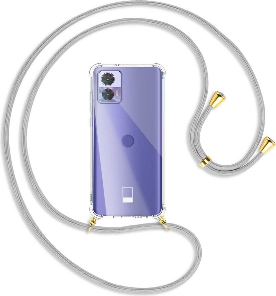 Handykette Backcover-Schutzhülle mit Band (Metall goldfarben) für Motorola Edge 30 Neo (Edge 30 Lite) - silbergrau