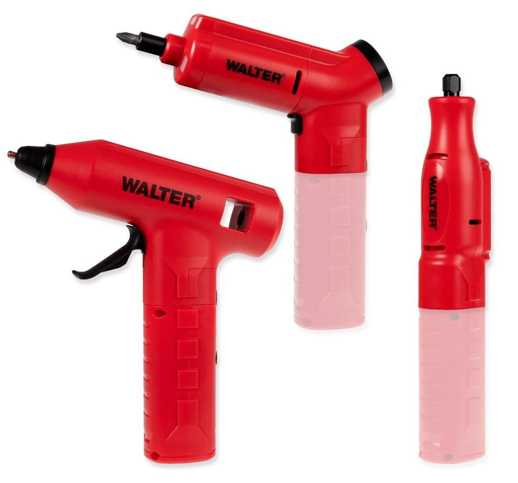WALTER 3-in-1 Akku-Multitool: Vielseitige Gravur-, Schleif-, Klebe- und Schraubgeräte. USB Typ C Aufladung - Heißklebepistole, Akku-Schraubendreh...