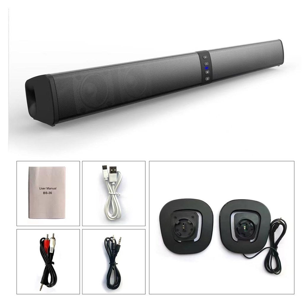 A soundbar and its accessories are displayed against a white background.