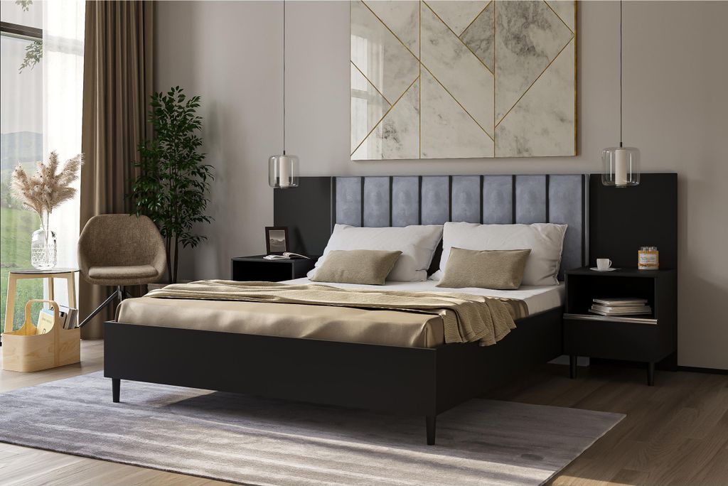 Polsterbett mit Holzrahmen FORMA 160 cm Schwarzes Bett mit gepolstertem Kopfteil und Bettkasten Bett mit Holzlattenrost, Breite: 160 cm, Stoff: Jas...