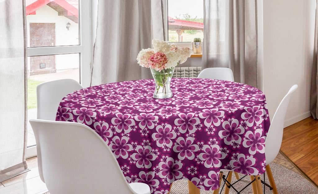 ABAKUHAUS Lila Runde Tischdecke, Botanik Themed Petals, Kreis Tischdecke Abdeckung für Esszimmer Küche Dekoration, 150 cm, Fuchsia