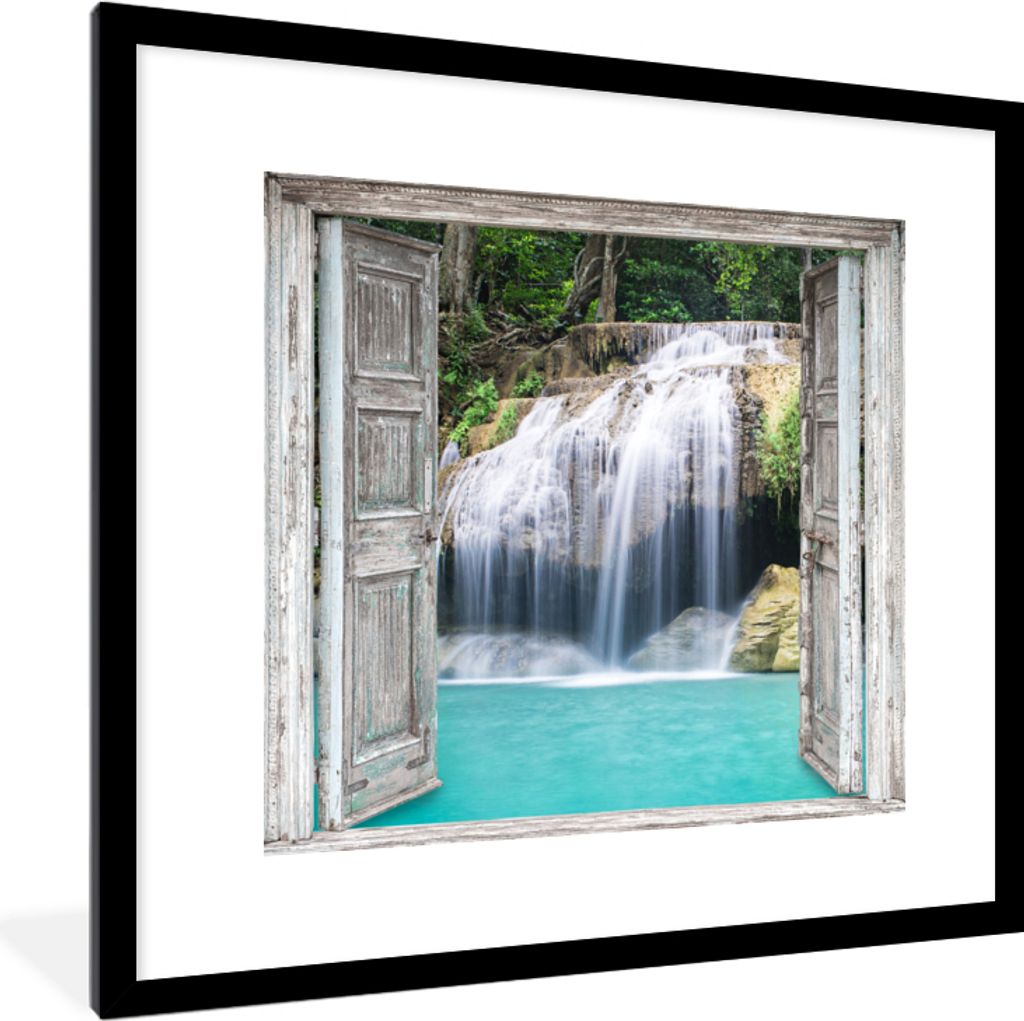 MuchoWow Gerahmtes Poster Aussicht - Wasserfall - Natur - Landschaft 40x40 cm - Poster mit Schwarzem Bilderrahmen Wandposter Rahmen Foto Bilder -...