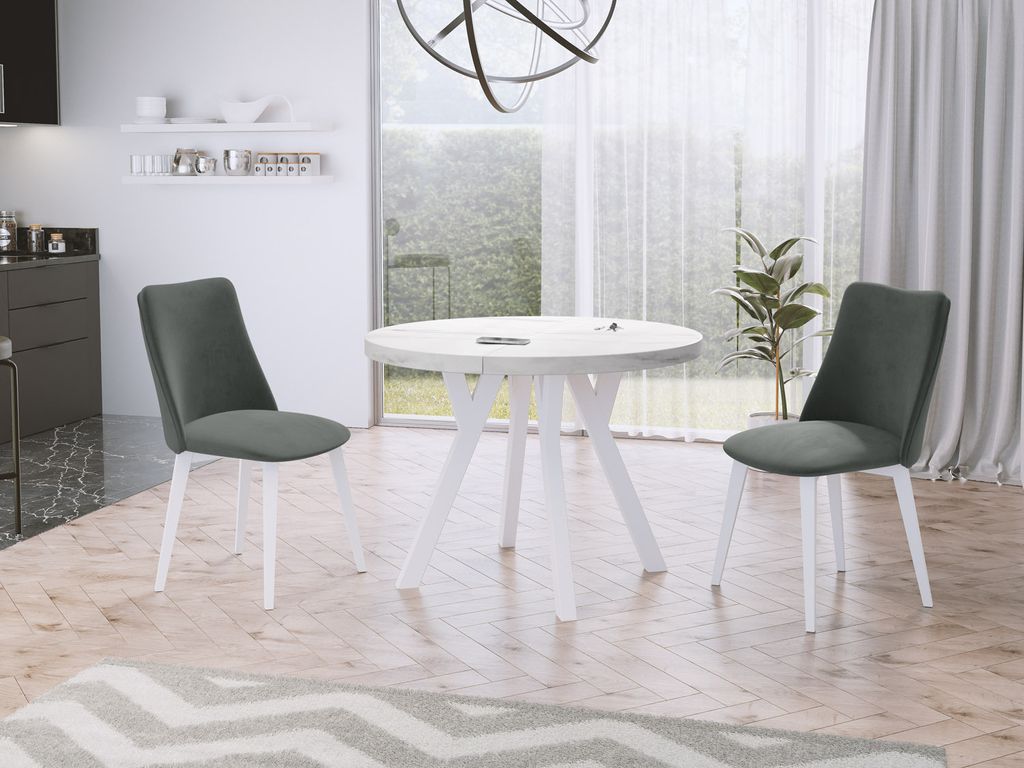 Designer Runder Ausziehbarer Esstisch in Weißer Marmoroptik - Loft-Stil, Industriell, Platzsparend - Weiße Beine - 100 bis 200 cm - für 5-10 Per...
