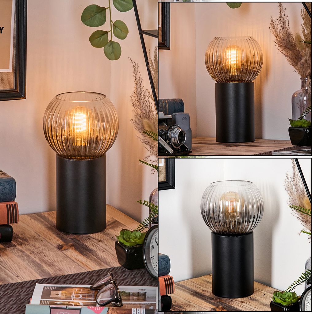 Cesaro Tischlampe aus Metall/Riffelglas in Schwarz/Rauchfarben/Klar