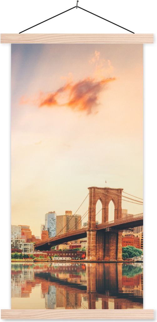 MuchoWow Textilposter New York - Brooklyn - Brücke - Sonnenuntergang 40x80 cm mit holzfarbenen Rahmen - Wohnzimmer
