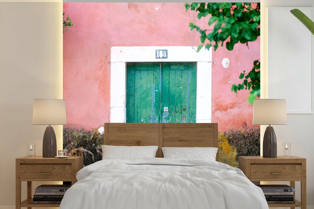 MuchoWow Fototapete für Wohnzimmer oder Schlafzimmer Wandtapete Vinyl Motivtapete Tür - Grün - Rosa - Farbe - 280x280 cm - Hintergrundbild