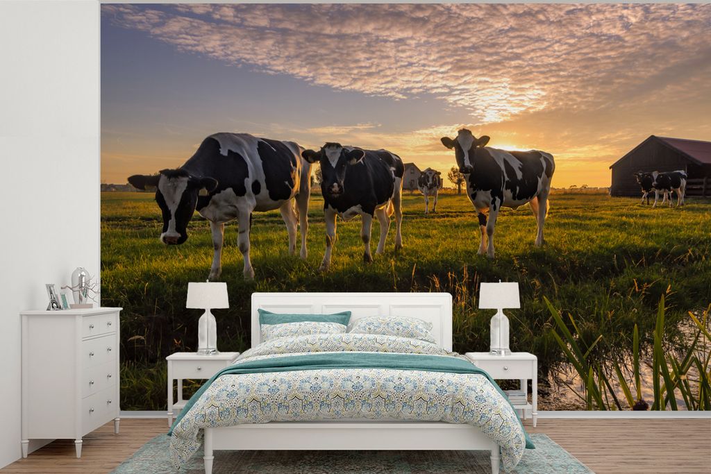 MuchoWow Fototapete für Wohnzimmer oder Schlafzimmer Wandtapete Vinyl Motivtapete Kuh - Tier - Wiese - 450x300 cm - Gemusterte