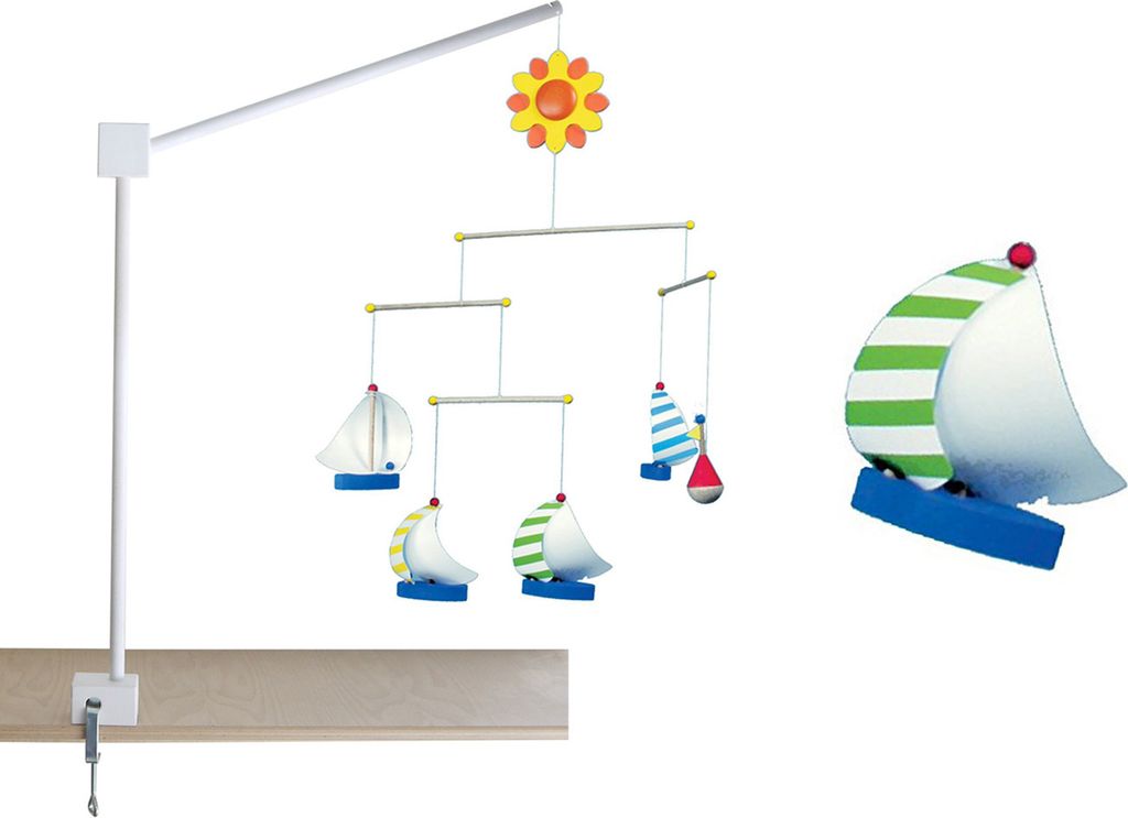 XL Mobile Halterung für Babybett aus Holz weiß gelaugt mit bunten Segelschiffen