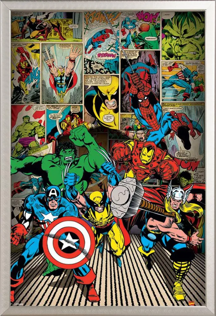 Marvel - Poster - Arrivano gli eroi + cornice rimovibile, Shinsuke® Maxi alluminio argento, vetro acrilico
