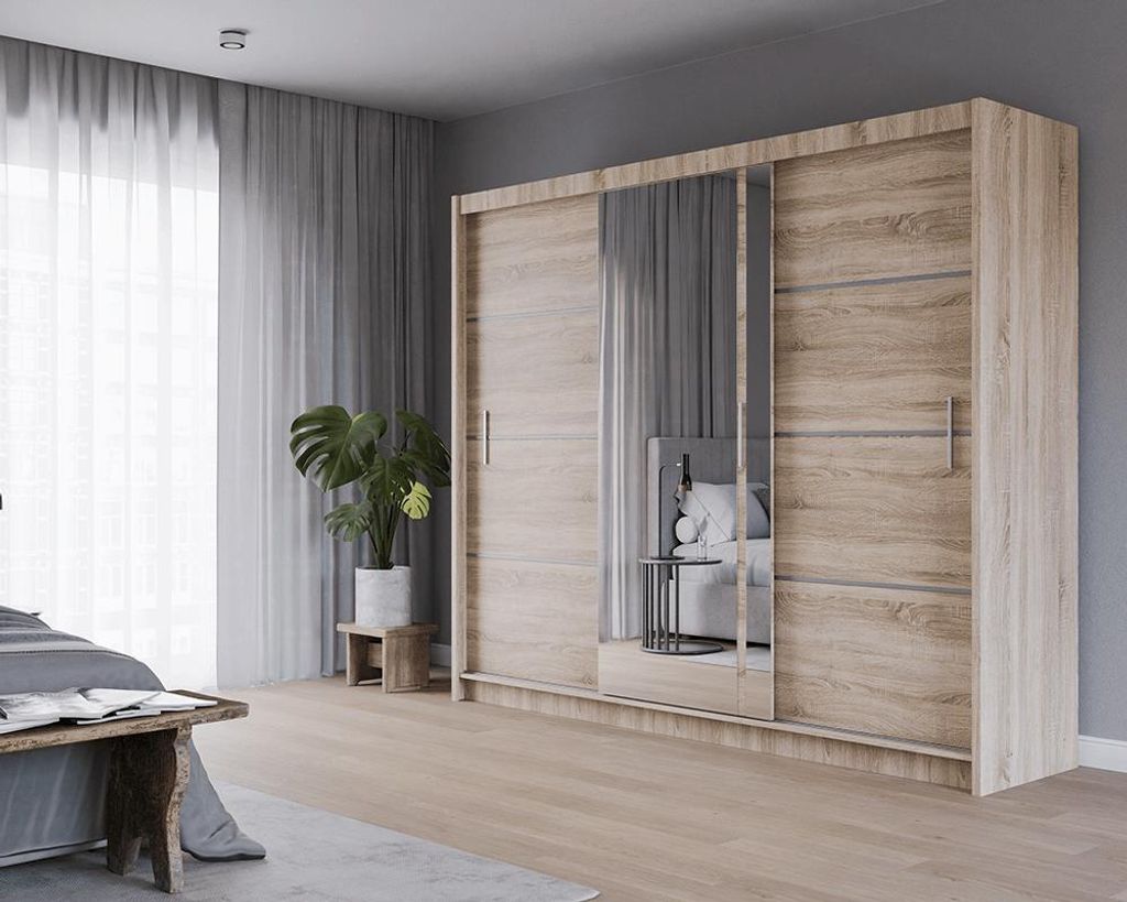 Krudox PRVTA Schwebetürenschrank Sonoma mit Spiegel 250 cm Kleiderschrank mit Kleiderstange