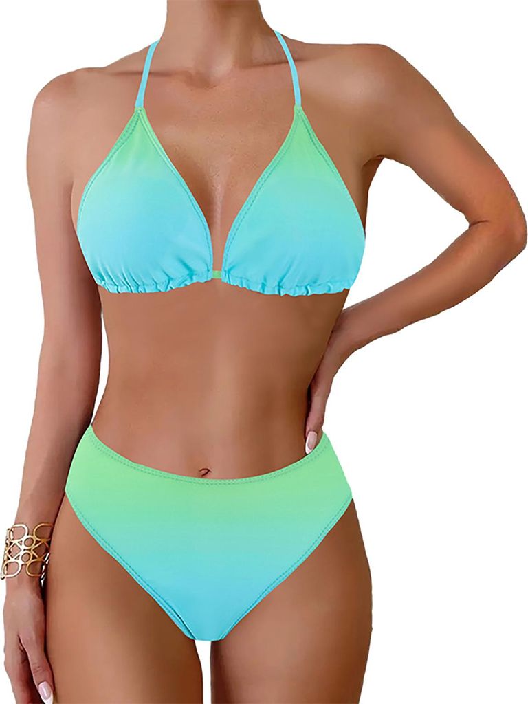 2 Teile/satz Frauen Bikini Set Neckholder Gepolsterter BH Hohe Taille Badehose Set Farbverlauf Split Bademode